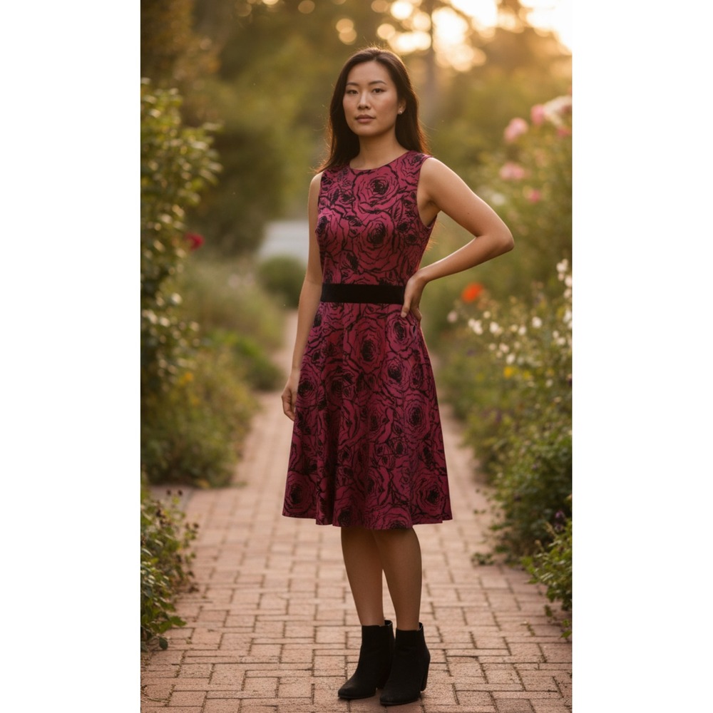 Gabby Skye Women's Size 6 Rose Print Black Velvet Trim Fit Flare Dress